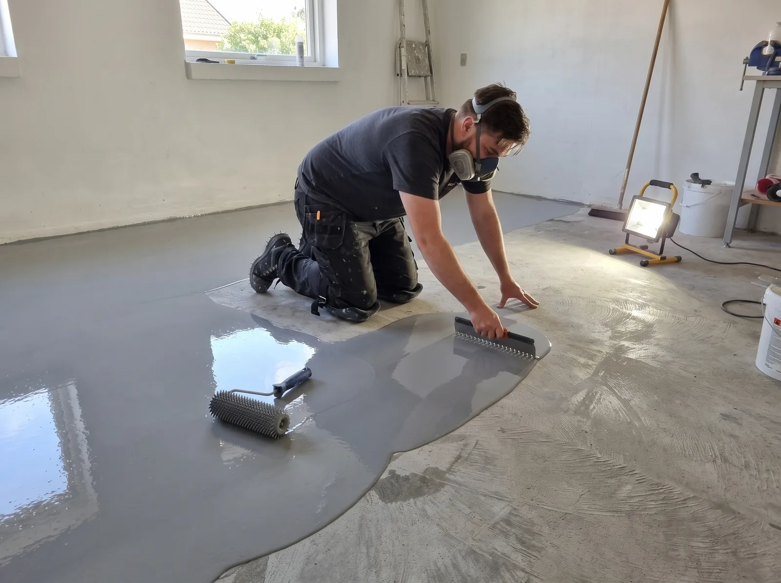 Epoxygulv: gulvsliberen trækker den flydende epoxy ud over betongulvet med en tandspartel