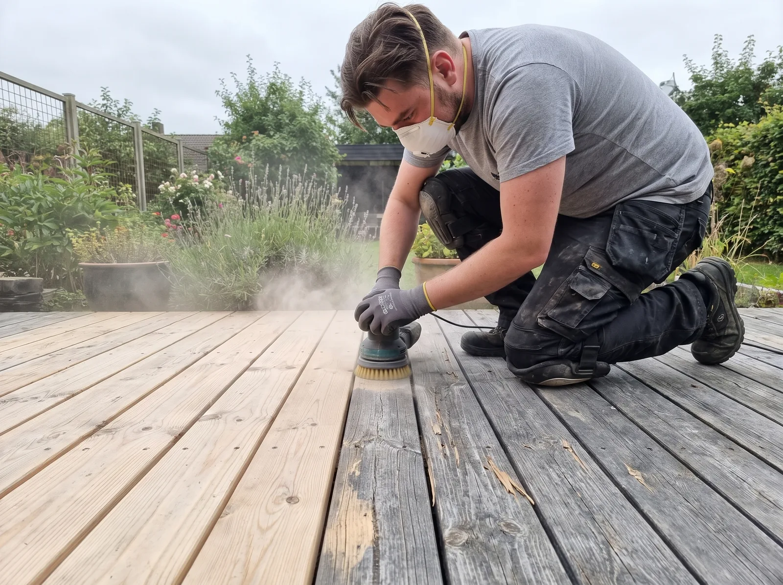 Terrasseslibning: gulvsliberen sliber den grånede træterrasse med en børstesliber